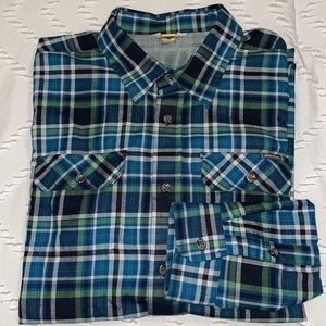 EUC Eddie Bauer Blue Green Plaid Flannel Shirt Men's L Shacket Shirt Jacket